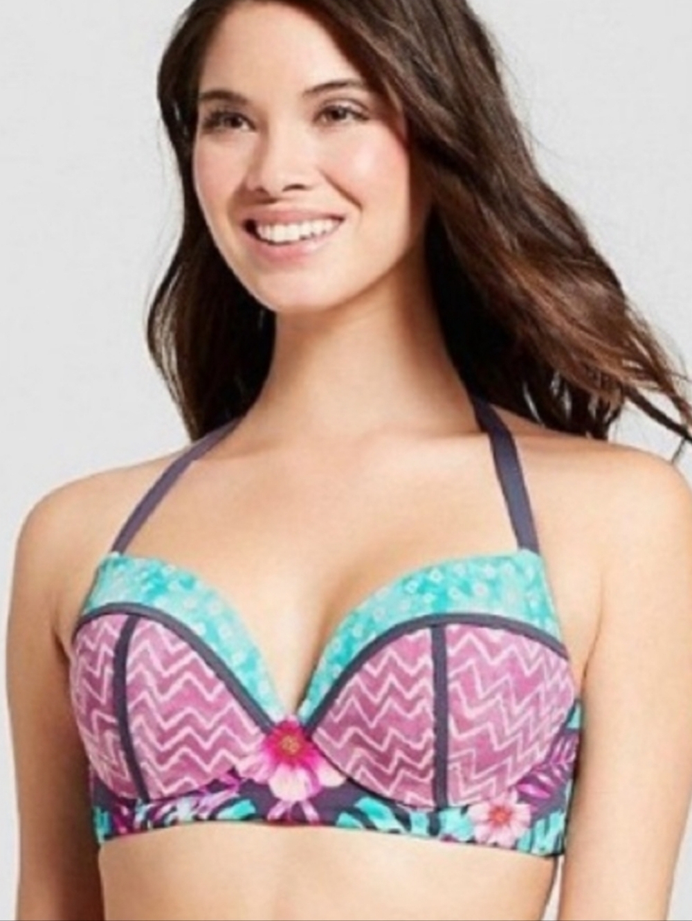 Floral Mixed-Print Push-Up Bikini Halter Top - Teal & Purple